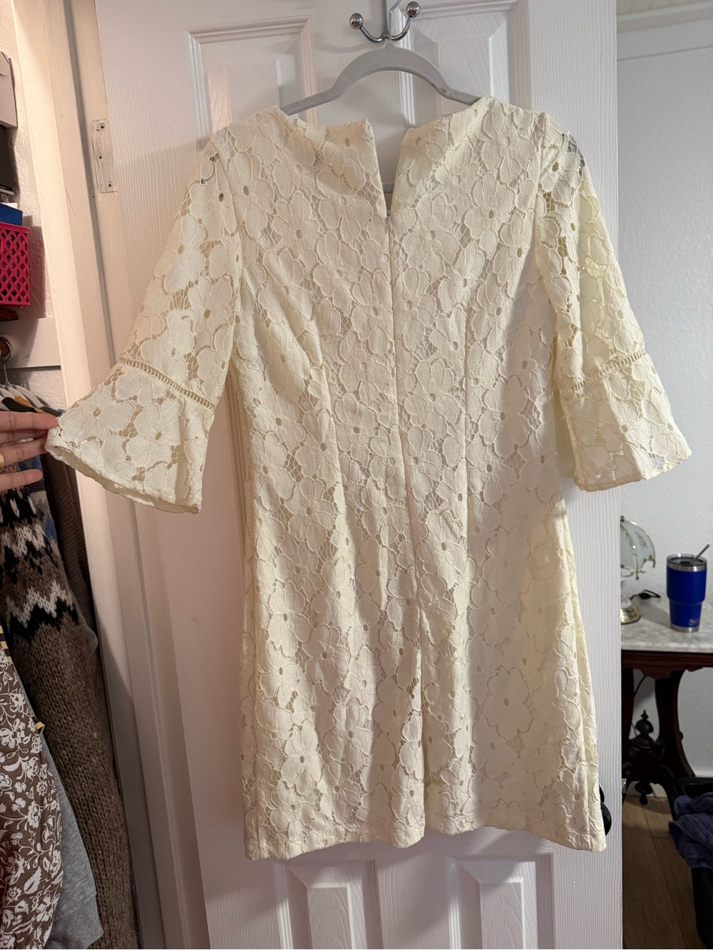 Cream Lace Shift Dress with Bell Sleeves